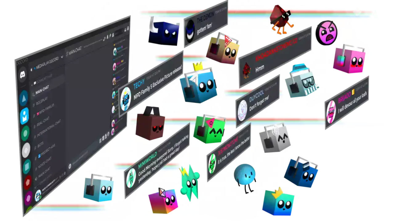 MPD Family 5 - Exclusive picture. Contains a Discord app window, with messages coming out from it. The Demon (OfficialAz3)'s message: 'gottem' fam'', Techy's message: 'MPD Family 5 Exclusive Picture releases!', MimiWorld's message: 'Good Morning everyone! Sorry, I forgot talking yesterday, hope y'all had a great day!', KhoaDankstoneMC/GD's message: 'Hmm', DuyCool's message: 'Don't forget me!', JustMonotone's message: 'it is true, the less I know the better', Breado (BreadoDaLoaf)'s message: 'I will devour all your loafs'.